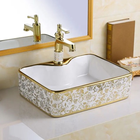 LAVATORIO CERÁMICA BAÑO 48X37X13CM DORADO